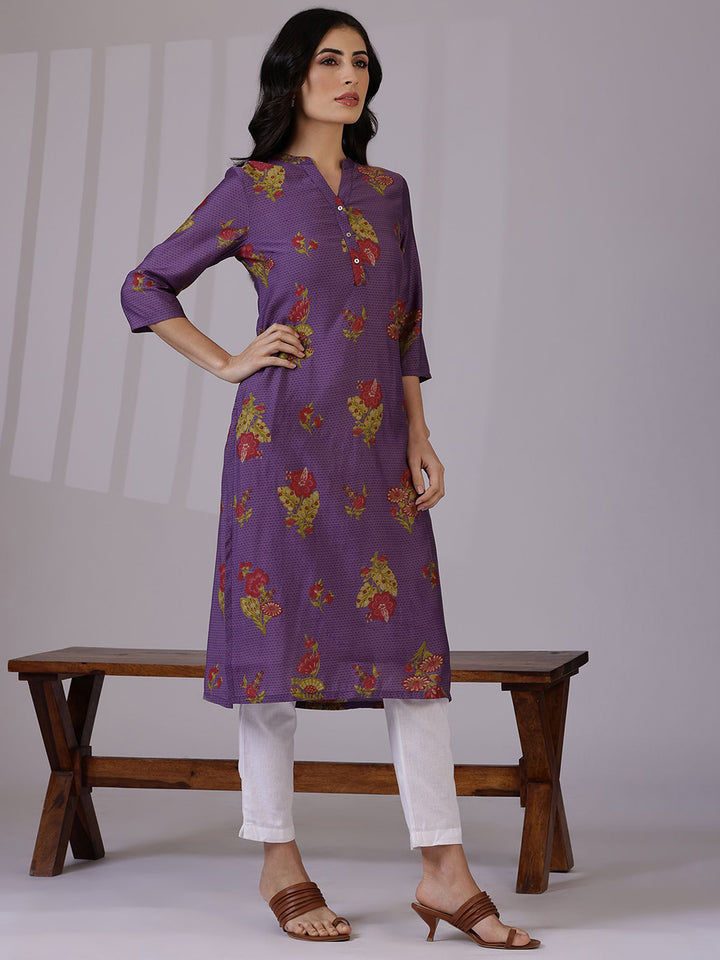 W Purple Floral Printed Mandarin Collar Three-Quarter Sleeves Straight Kurta