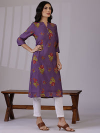 W Purple Floral Printed Mandarin Collar Three-Quarter Sleeves Straight Kurta