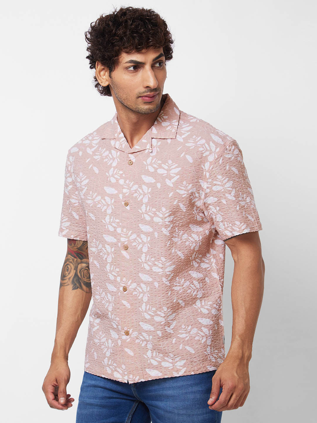 SPYKAR Floral Printed Cuban Collar Pure Cotton Casual Shirt