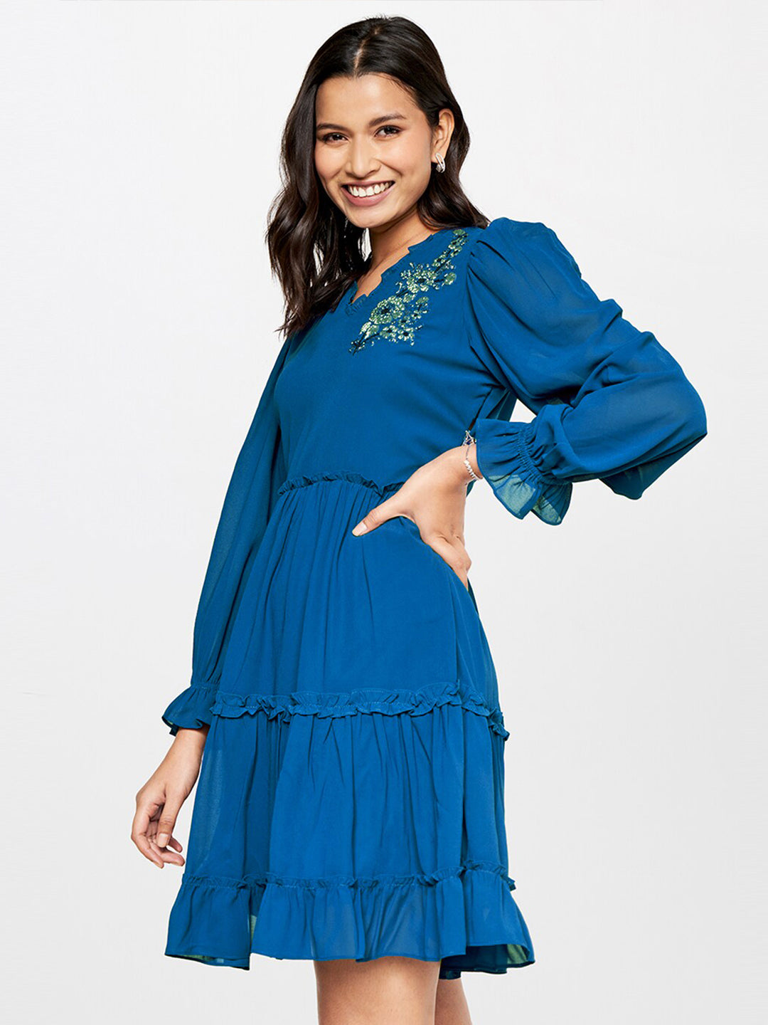 AND V-Neck Embellished Tiered Fit & Flare Dress