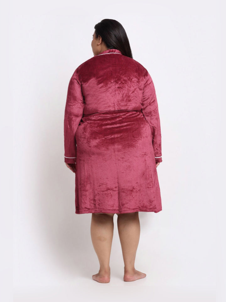 KLOTTHE Plus Size Red Woollen Long Sleeves Bath Robe With Belt