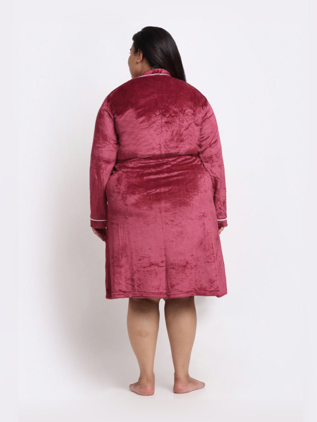 KLOTTHE Plus Size Red Woollen Long Sleeves Bath Robe With Belt