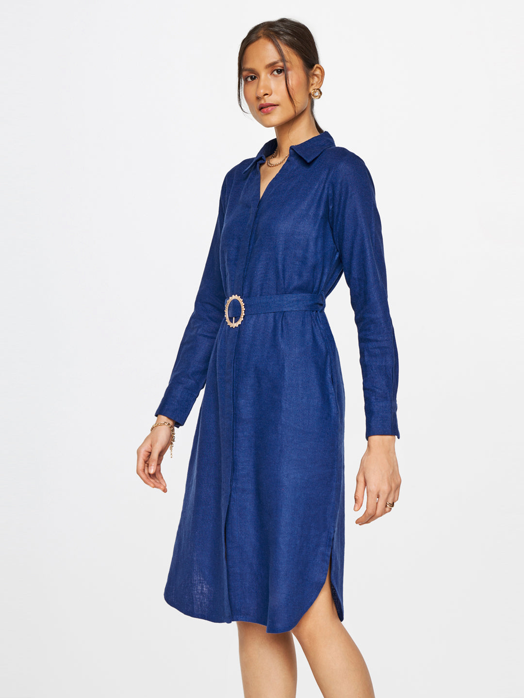 AND Opaque Shirt Collar Casual A-Line Midi Dress