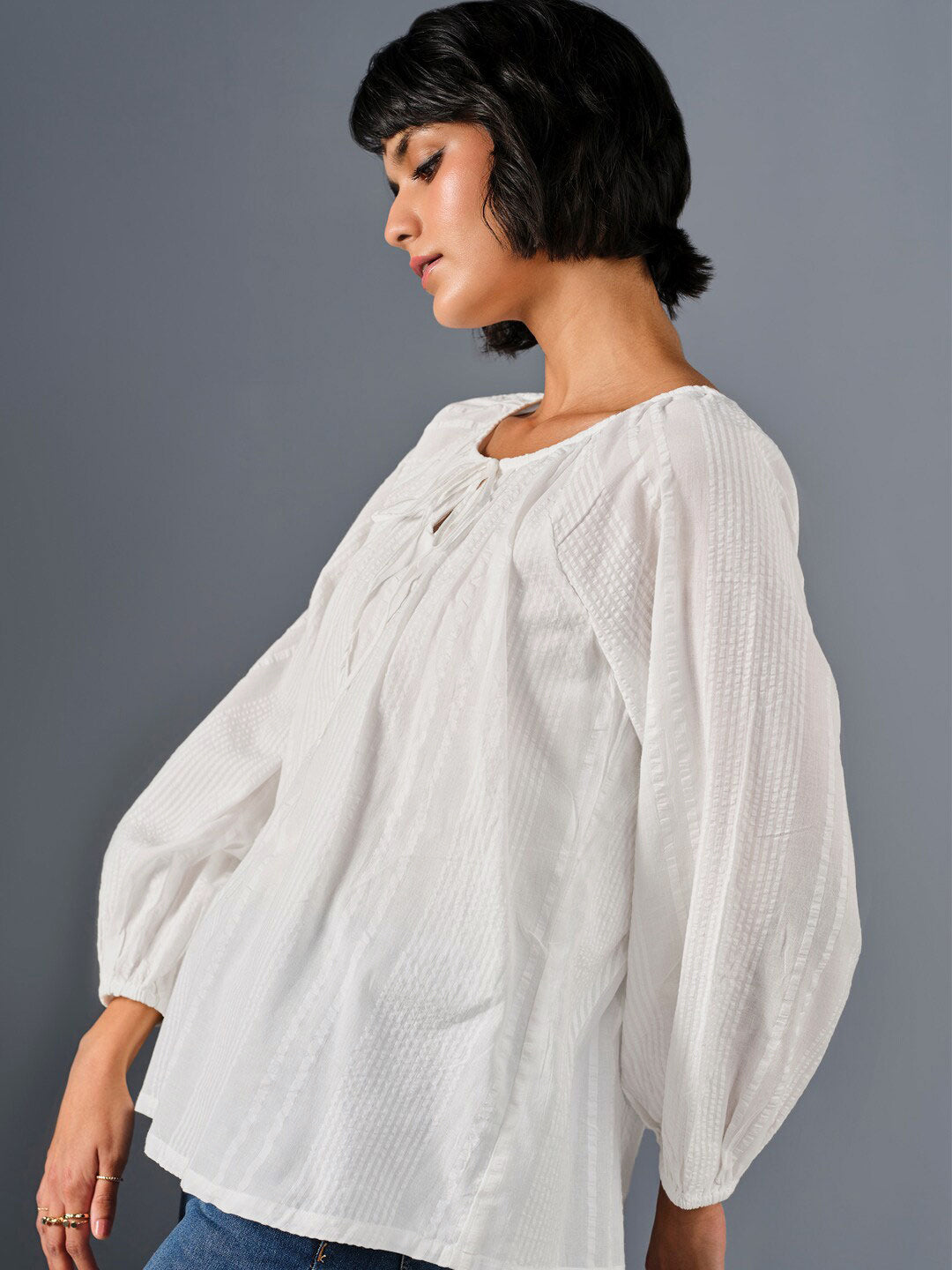 AND Tie-Up Neck Puff Sleeve Pure Cotton  A-Line Top