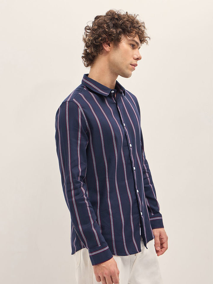 THE BEAR HOUSE Men Spread Collar Vertical Striped Cotton Slim Fit Casual Shirt