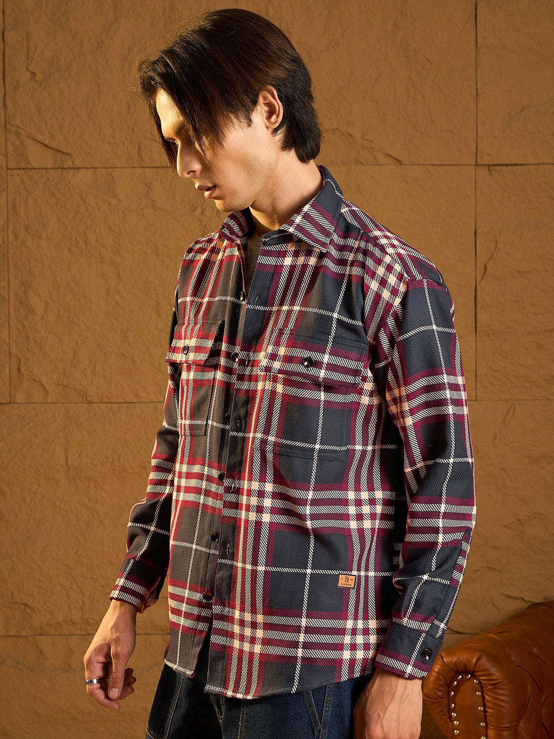 DENNISON Men Double Pocket Drop Shoulder Oversized Cotton Checked Shacket