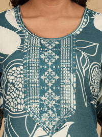 Varanga Floral Printed Round Neck Thread Work Straight Kurta With Trousers