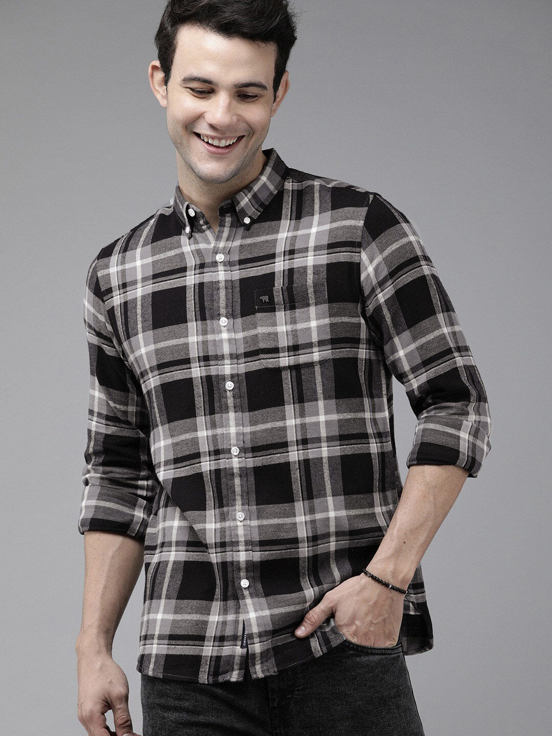 THE BEAR HOUSE Men Grey Slim Fit Tartan Checked Pure Cotton Casual Shirt