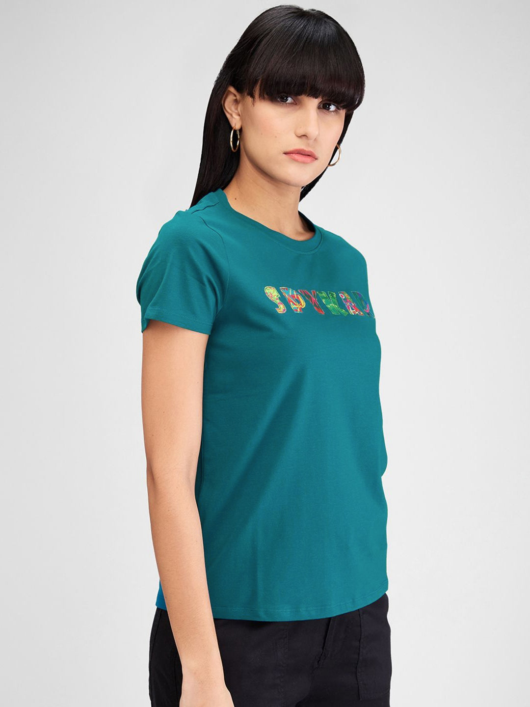 SPYKAR Women Typography Applique T-shirt