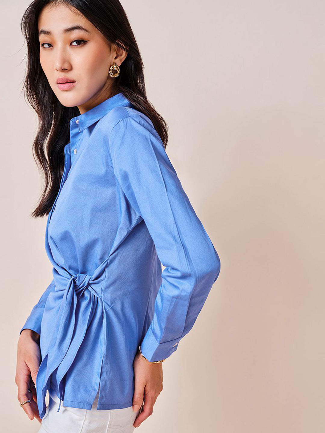 AND Women Solid Shirt Collar Long Sleeves Cotton Top
