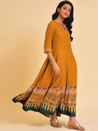 W Keyhole Neck Ethnic Motifs Printed Embellished A-Line Ethnic Dress