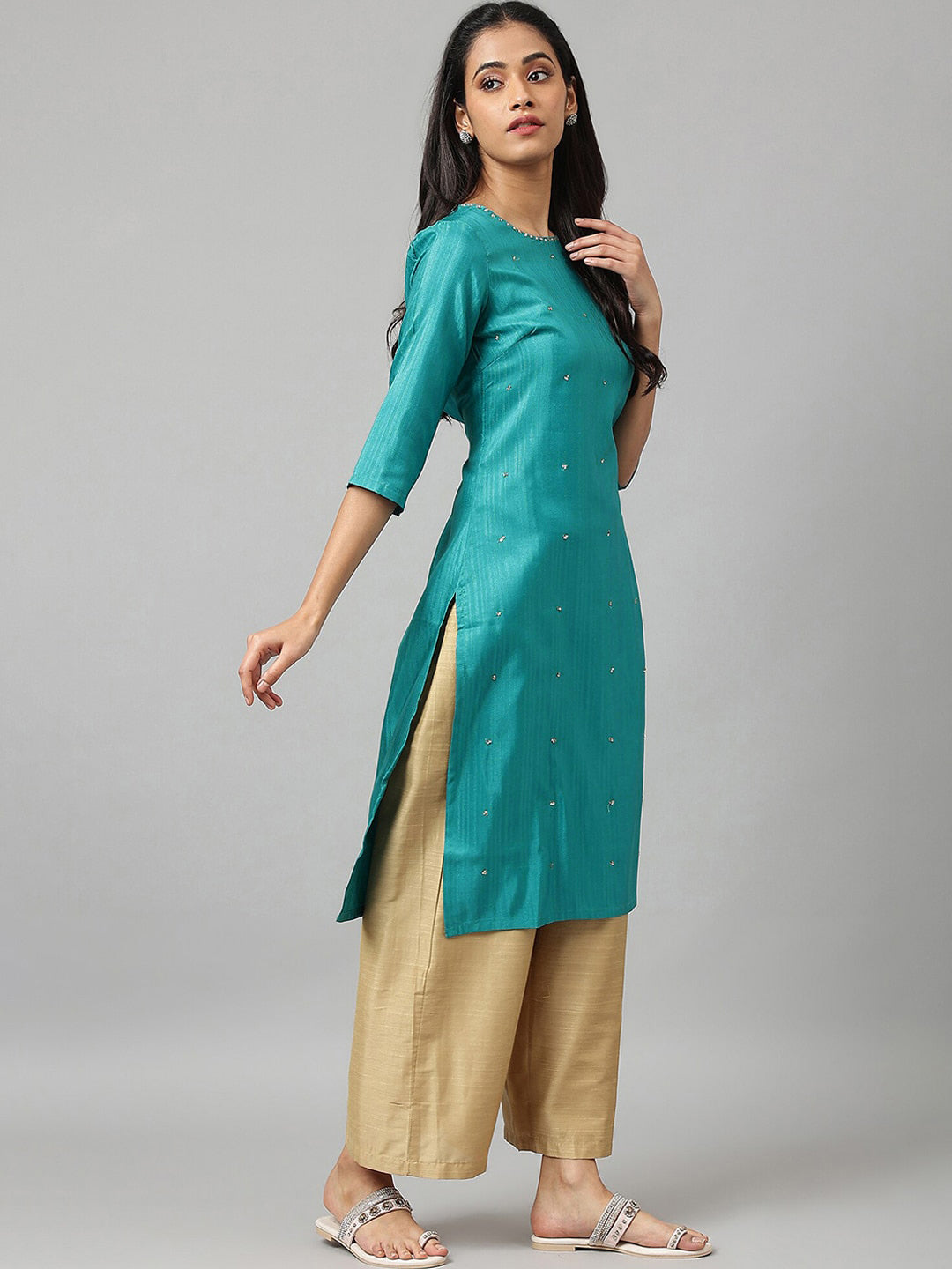W Women Teal Thread Work Indie Prints Kurta