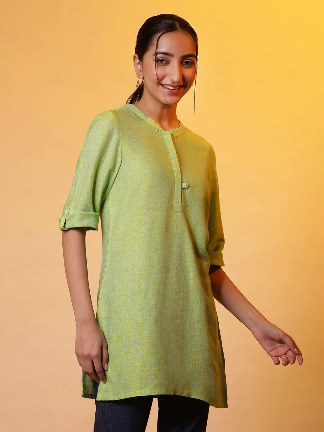 AURELIA Mandarin Collar Roll-Up Sleeves Pure Cotton Kurti