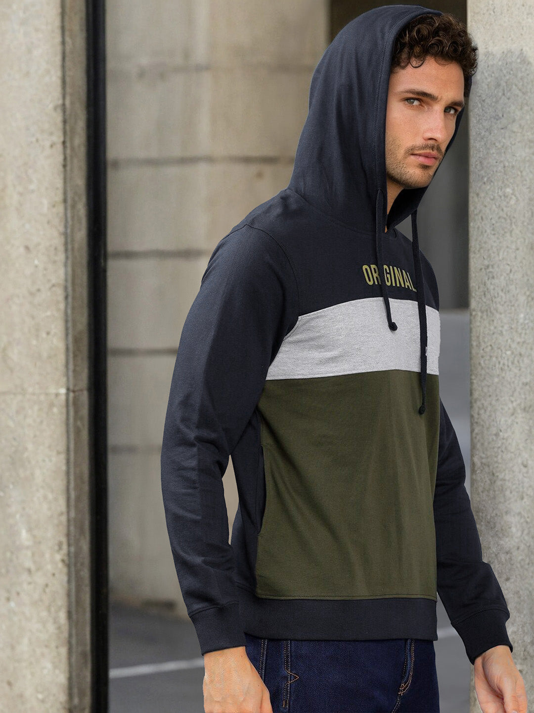 The Indian Garage Co Men Olive Green & White Colourblocked Hooded Sweatshirt