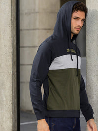 The Indian Garage Co Men Olive Green & White Colourblocked Hooded Sweatshirt