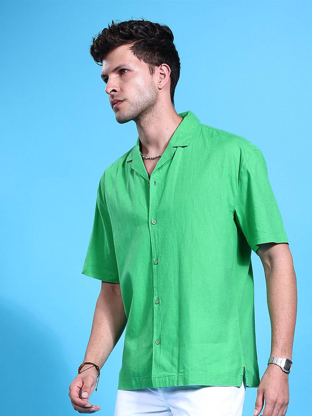 The Indian Garage Co Pure Cotton Cuban Collar Relaxed Fit Linen Resortwear Shirt