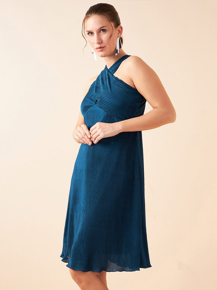 Antheaa Teal Self Design Sleeveless Chiffon Pleated A-Line Dress