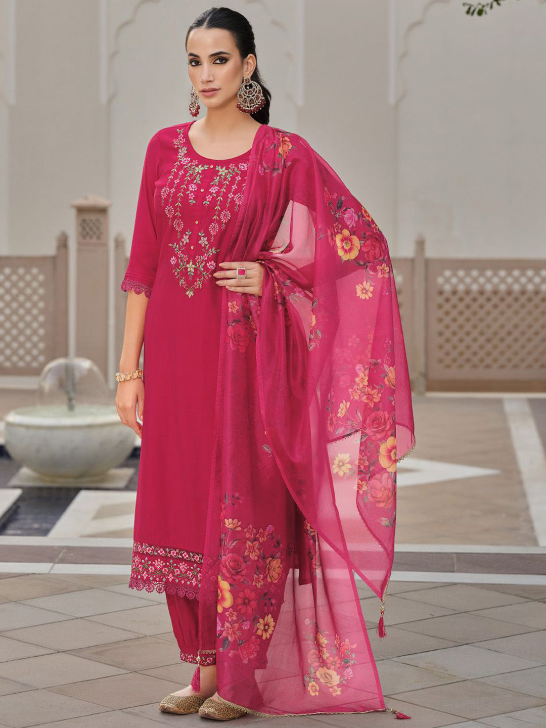 Varanga Floral Embroidered Thread Work Straight Kurta With Trousers And Dupatta