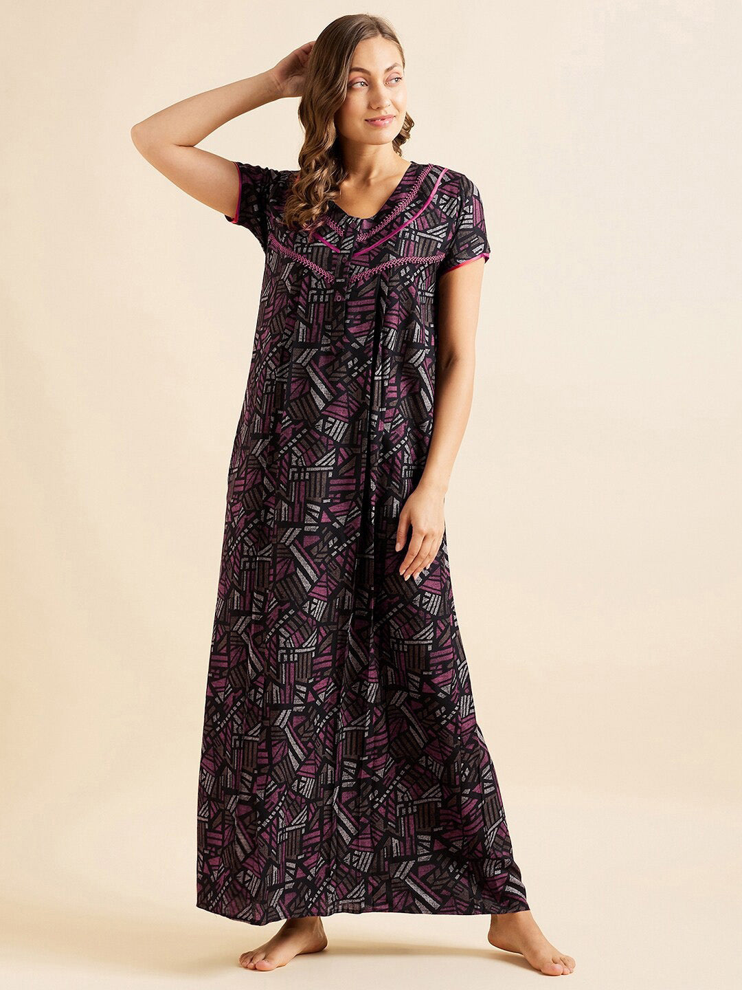 Sweet Dreams Red Geometric Printed Pure Cotton Maxi Nightdress