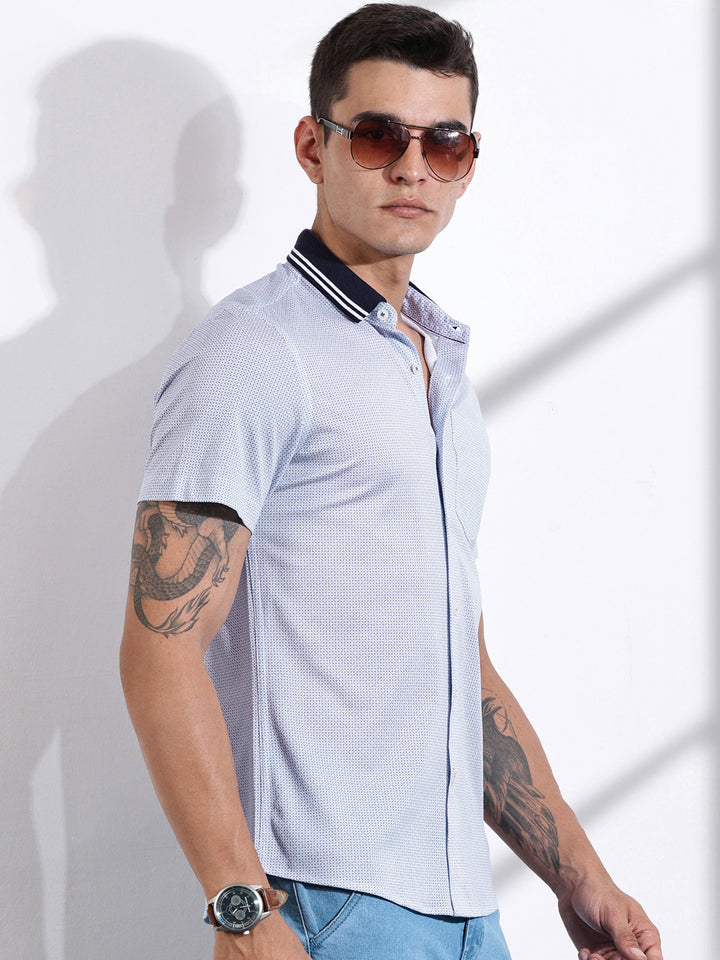 Thomas Scott Men Classic Slim Fit Spread Collar Micro Ditsy Printed Cotton Knitted Shirt