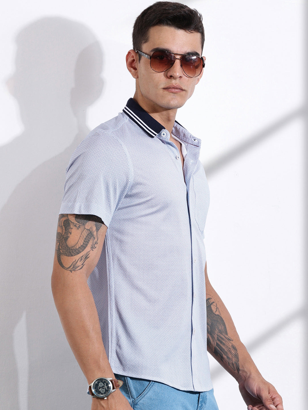 Thomas Scott Men Classic Slim Fit Spread Collar Micro Ditsy Printed Cotton Knitted Shirt