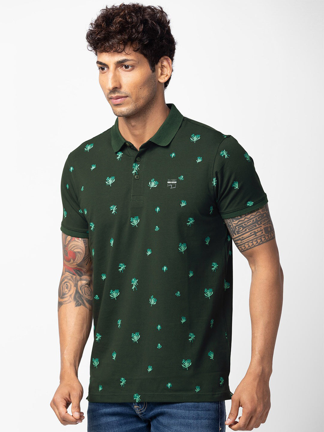 SPYKAR Men Floral Printed Polo Collar Slim Fit T-shirt