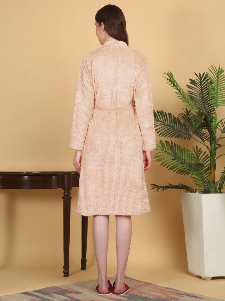 KLOTTHE Peach-Coloured Self Design Woollen Bath Robe With Belt