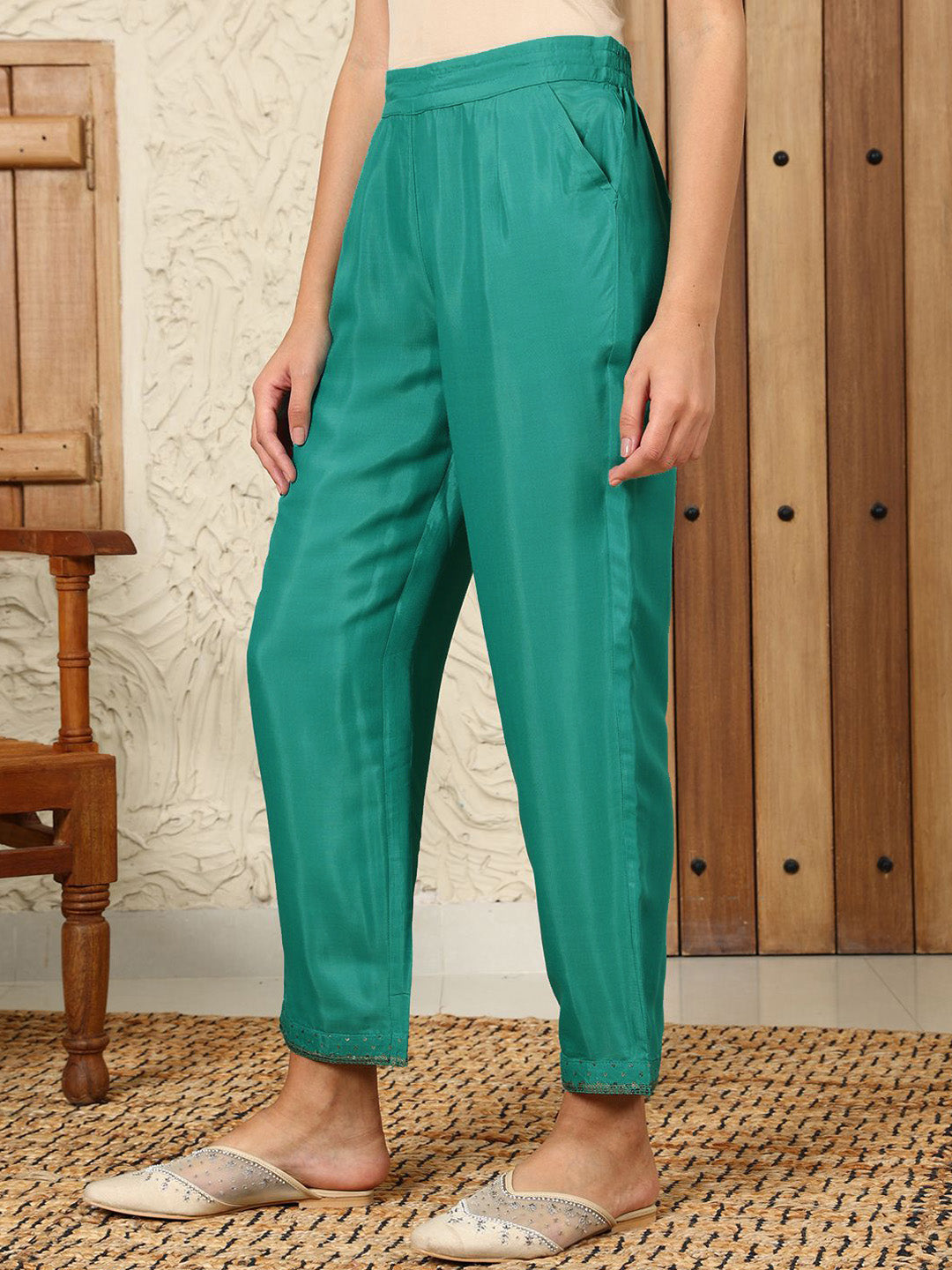 W Solid Women Straight Fit Pleated Casual Trousers