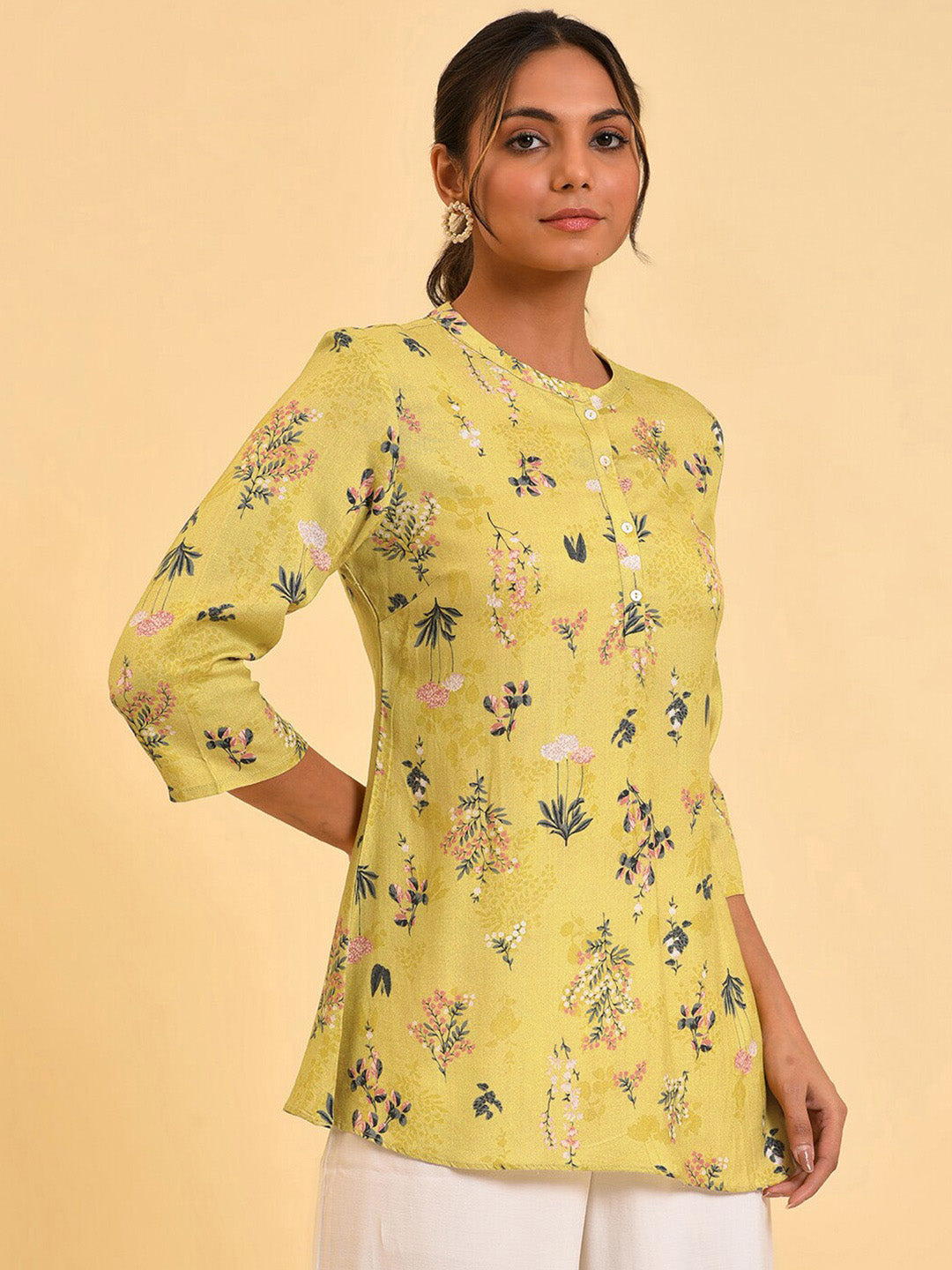 W Yellow Floral Printed Mandarin Collar Top
