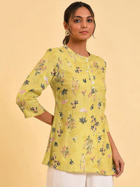 W Yellow Floral Printed Mandarin Collar Top