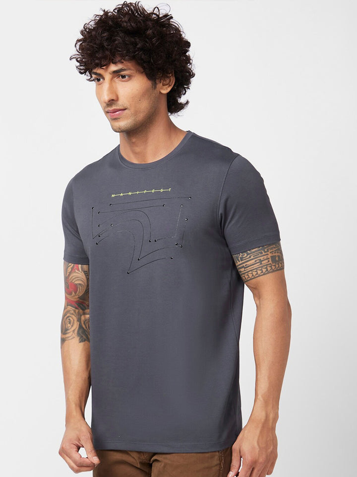 SPYKAR Round Neck Cotton Embellished Slim Fit T-shirt