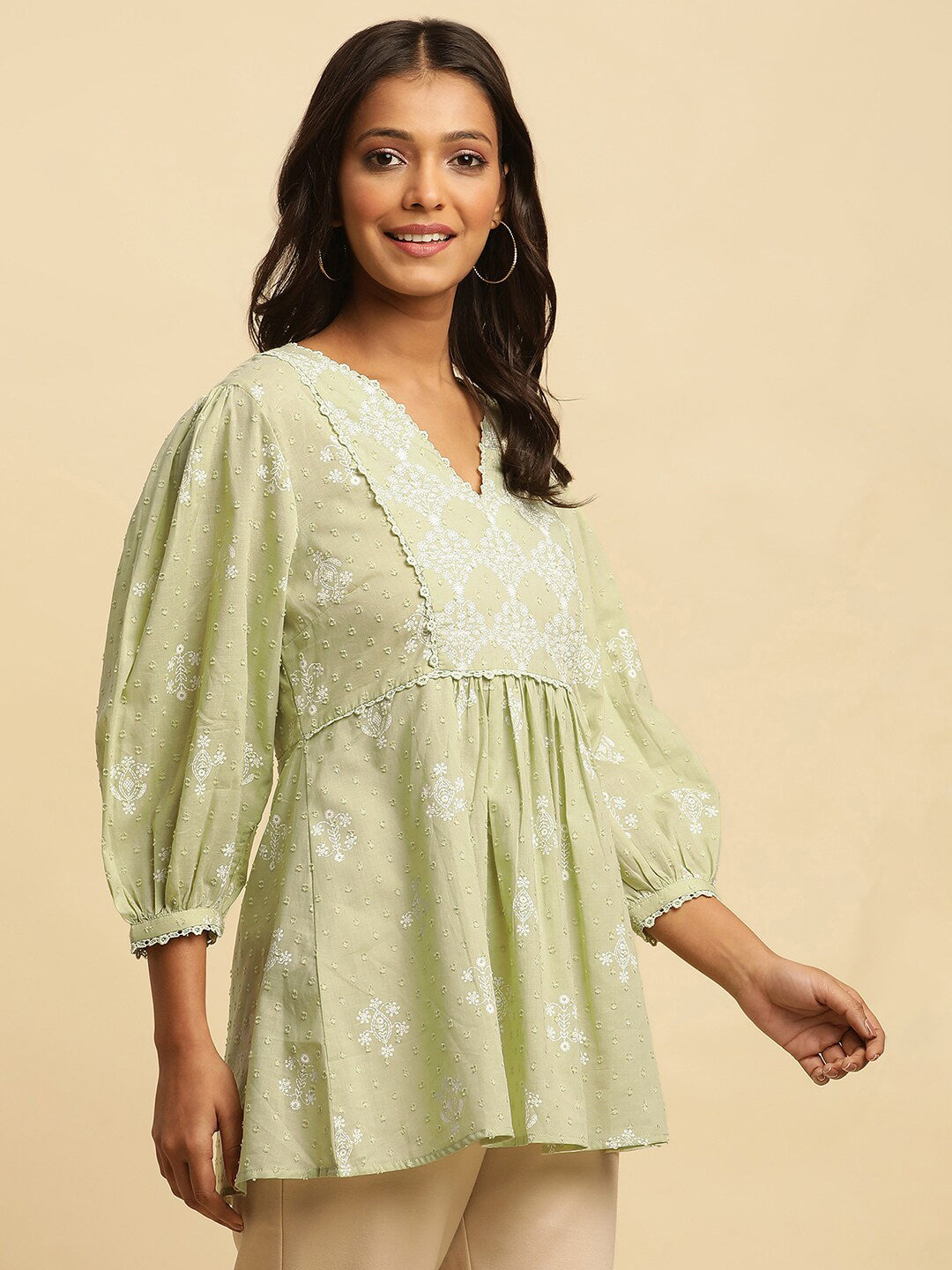 W Green & White Floral Printed Puff Sleeve Pure Cotton A-Line Top