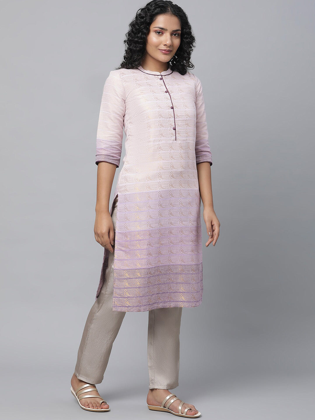 AURELIA Band Collar Woven Design Zari Kurta