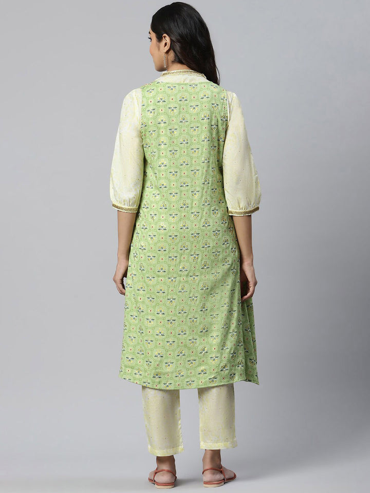 AURELIA Women Green Ethnic Motifs Embroidered Layered Kurta with Trousers