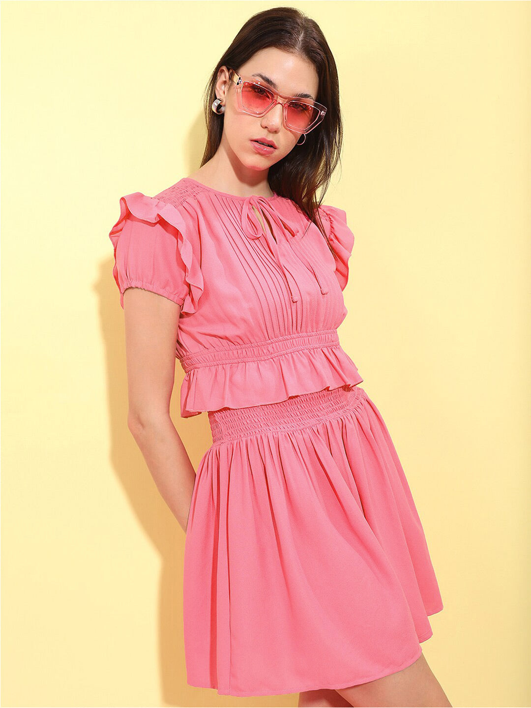 Tokyo Talkies Pink Puff Sleeve Fit & Flare Dress