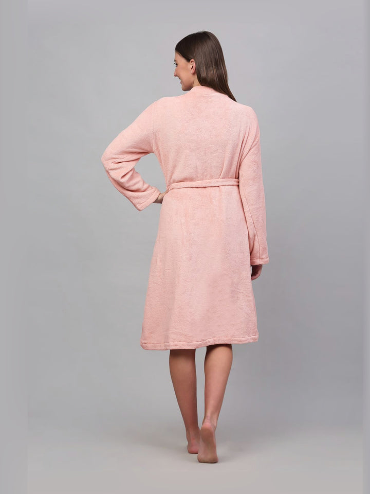 KLOTTHE Pink Woollen Long Sleeves Bath Robe With Belt