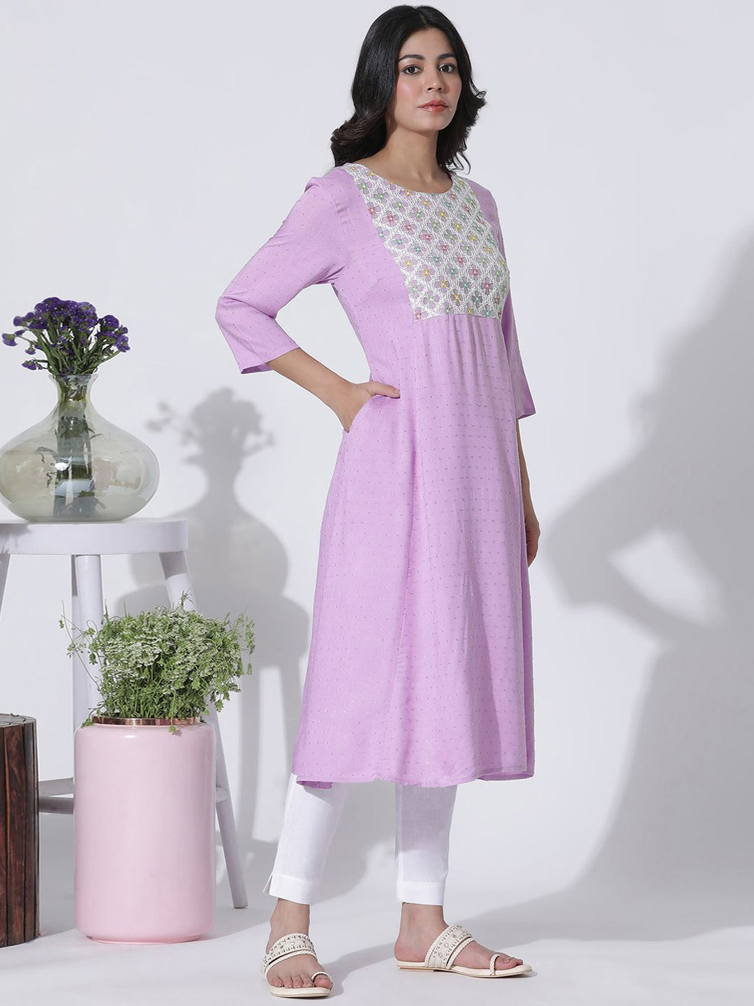 W Women Flared Sleeves Mirror Work Anarkali Kurta