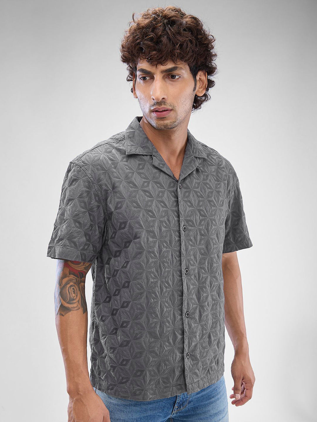 SPYKAR Men Cuban Collar Self Design Pure Cotton Casual Shirt
