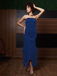 Athena Blue Ruffled Strapless Asymmetric Hem Maxi Dress