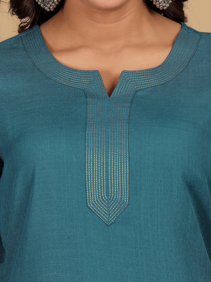 Varanga Yoke Design Thread Work Notc Neck Straight Kurta With Trousers And Dupatta