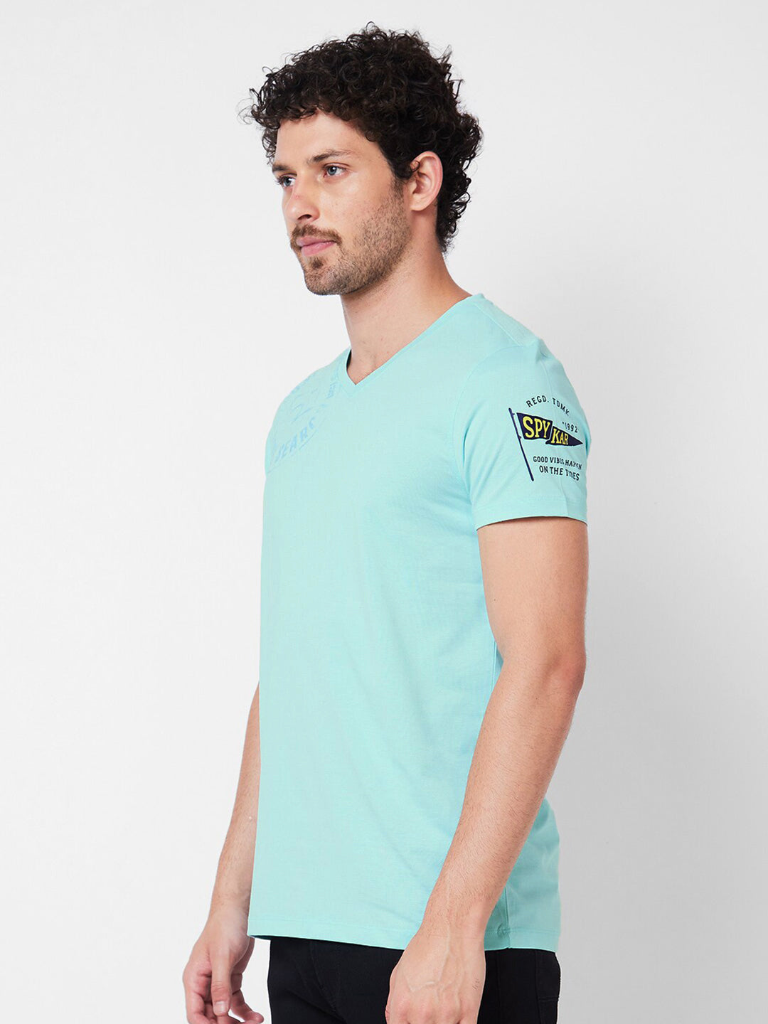 SPYKAR Typography Printed V-Neck Cotton Slim Fit T-shirt
