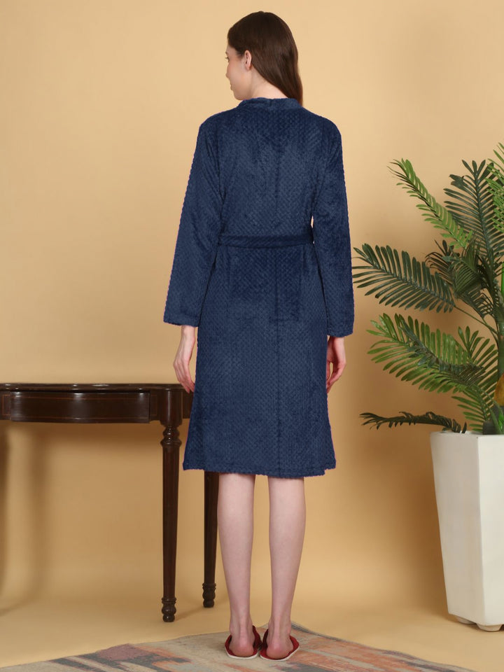 KLOTTHE Navy Blue Self Design Woollen Bath Robe With Belt