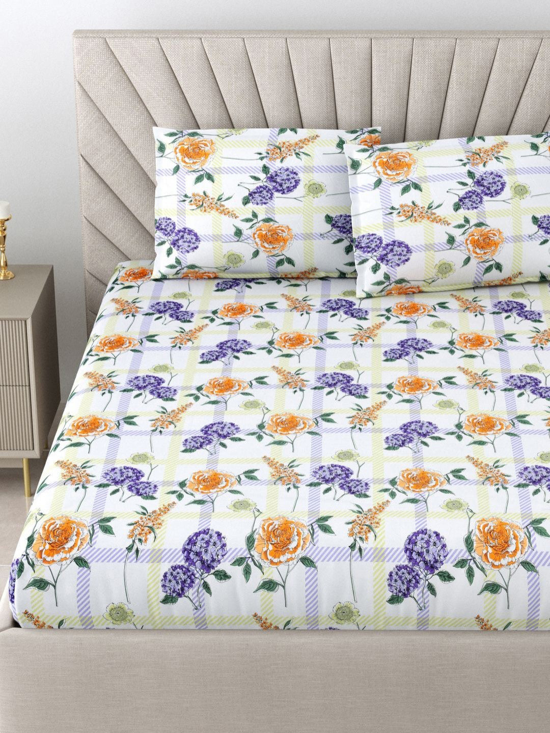 BOMBAY DYEING Florentine White Floral Pure Cotton 144TC Queen Bedsheet Set 2.28 m X 2.54m