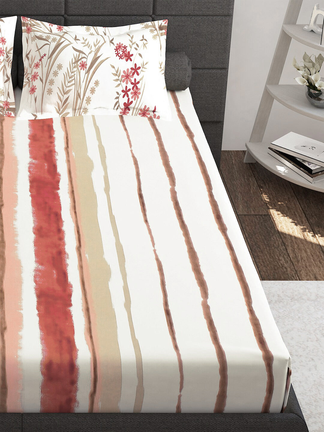 Story@home Red Striped Cotton 144 TC Queen Bedsheet with 2 Pillow Covers-89 x 98 inches