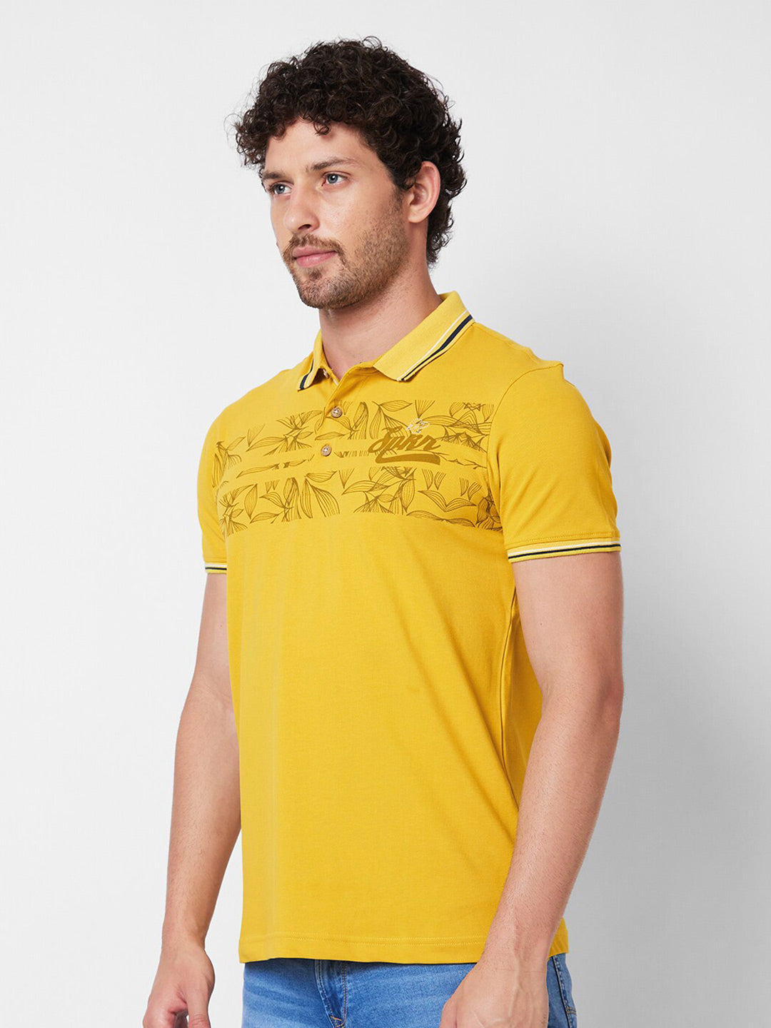 SPYKAR Polo Collar Short Sleeves Floral Print Cotton Slim Fit T-shirt