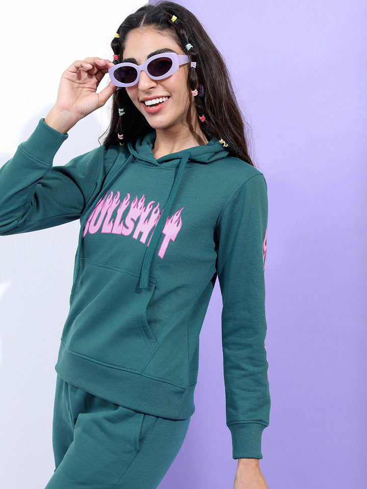 Tokyo Talkies Women Teal Printed Hooded Sweatshirt