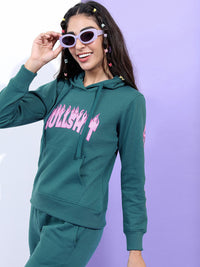 Tokyo Talkies Women Teal Printed Hooded Sweatshirt