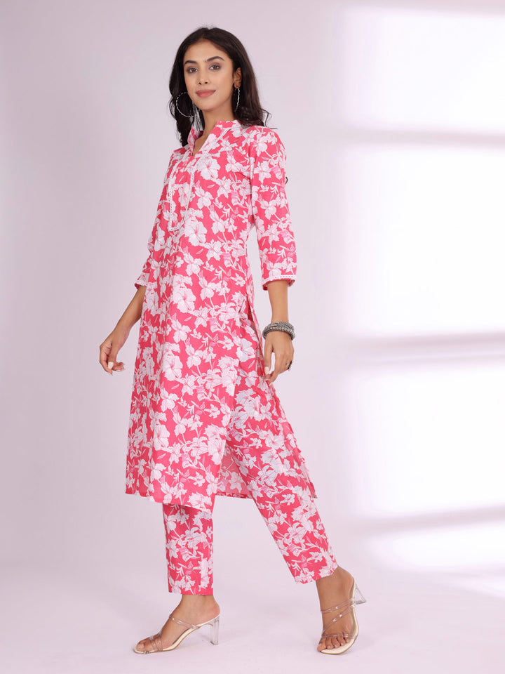 Varanga Pink Floral Printed Mandarin Collar Pure Cotton Kurta with Trousers