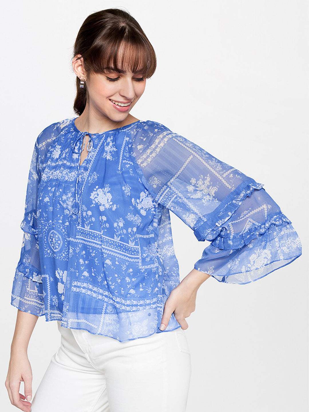AND Floral Printed Tie-Up Neck Flared Sleeves Top