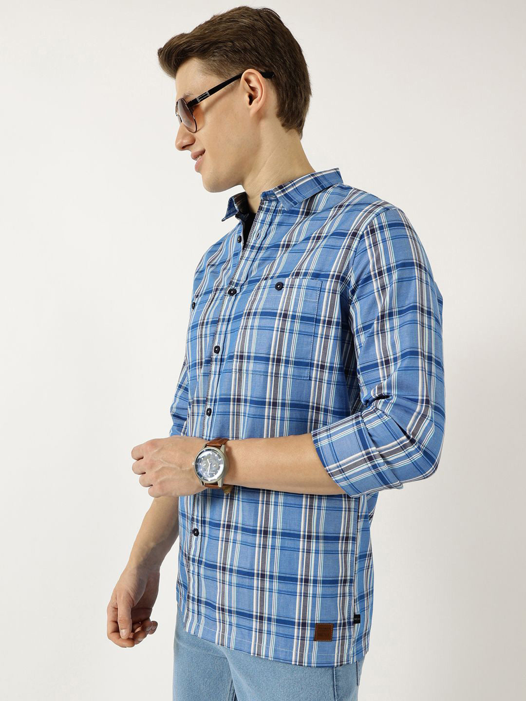 Thomas Scott Men Classic Spread Collar Tartan Checked Cotton Slim Fit Casual Shirt